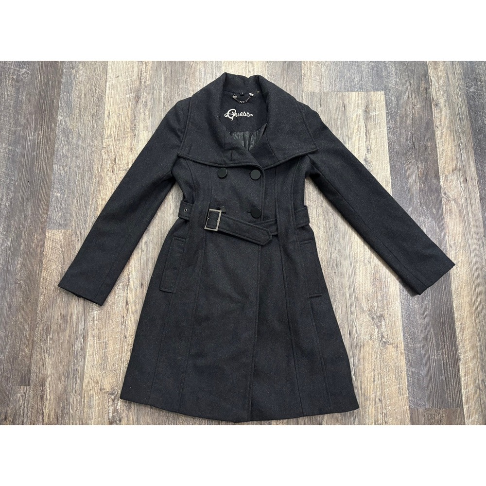 Guess Womens Wool Blend Double Breasted‎ Belted Trench Coat Charcoal Grey Small